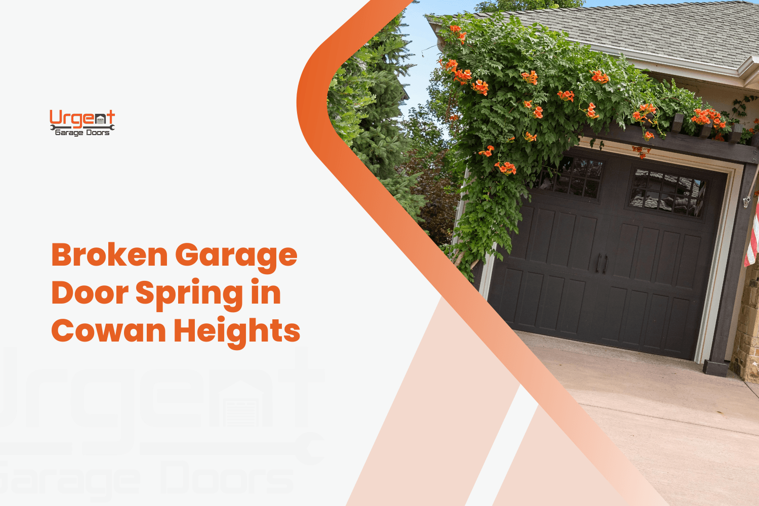 Dark brown garage door with broken spring issue in Cowan Heights North Tustin home