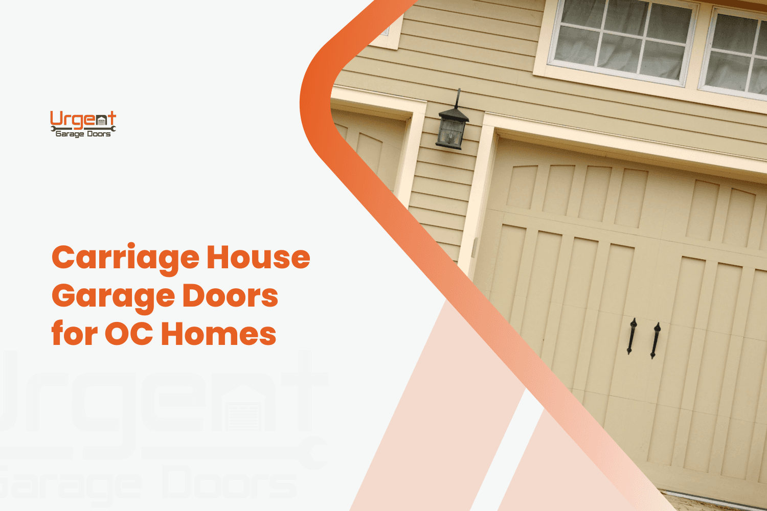Carriage house style garage door with vertical panels and decorative black hardware