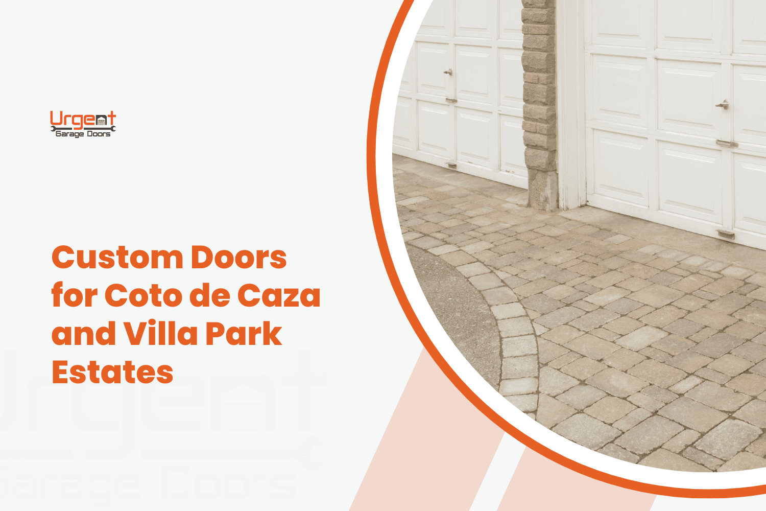 White custom garage doors with brick pillar on cobblestone driveway in luxury estate