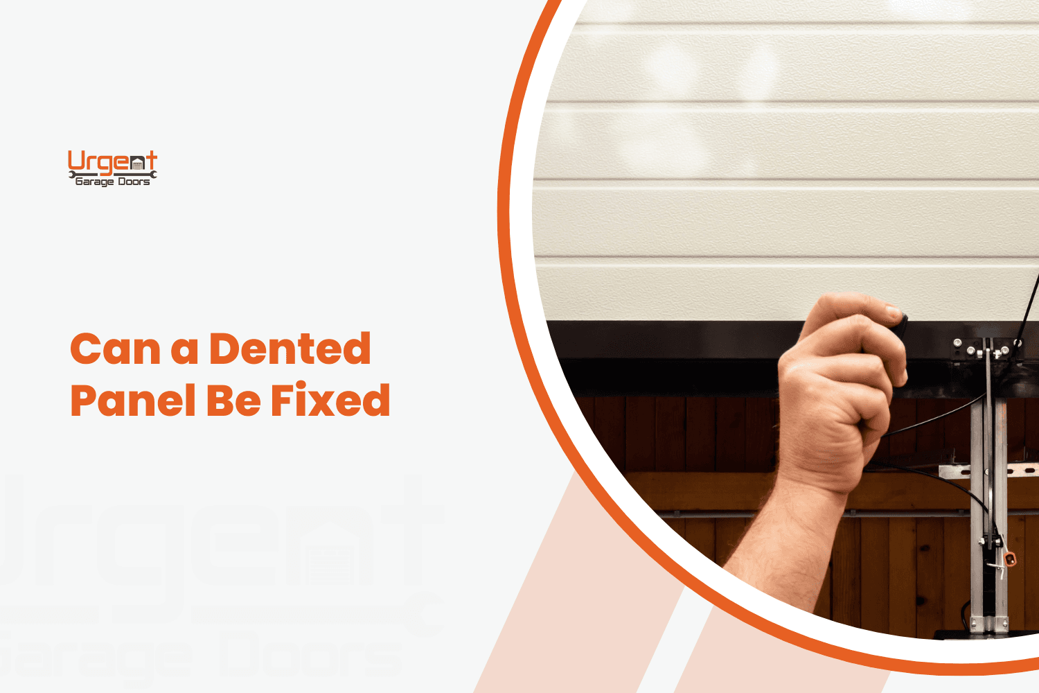 Technician repairing dented garage door panel hardware with screwdriver tool