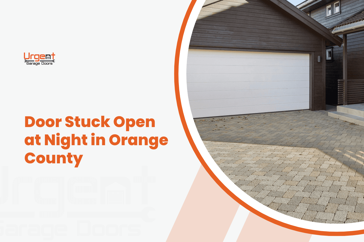 White double garage door on a dark wood home with brick driveway