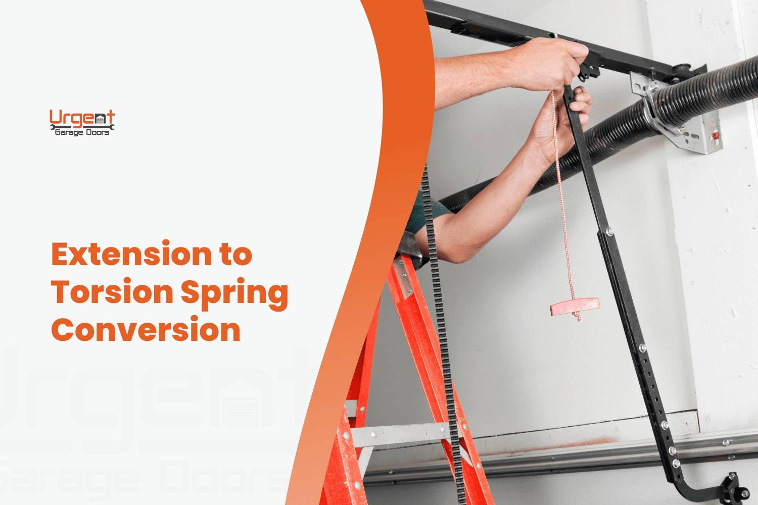 Technician on ladder converting garage door extension to torsion spring system