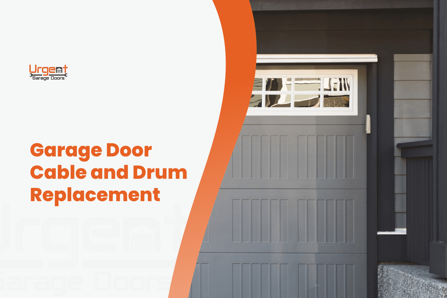 Gray garage door with windows highlighting cable and drum replacement service