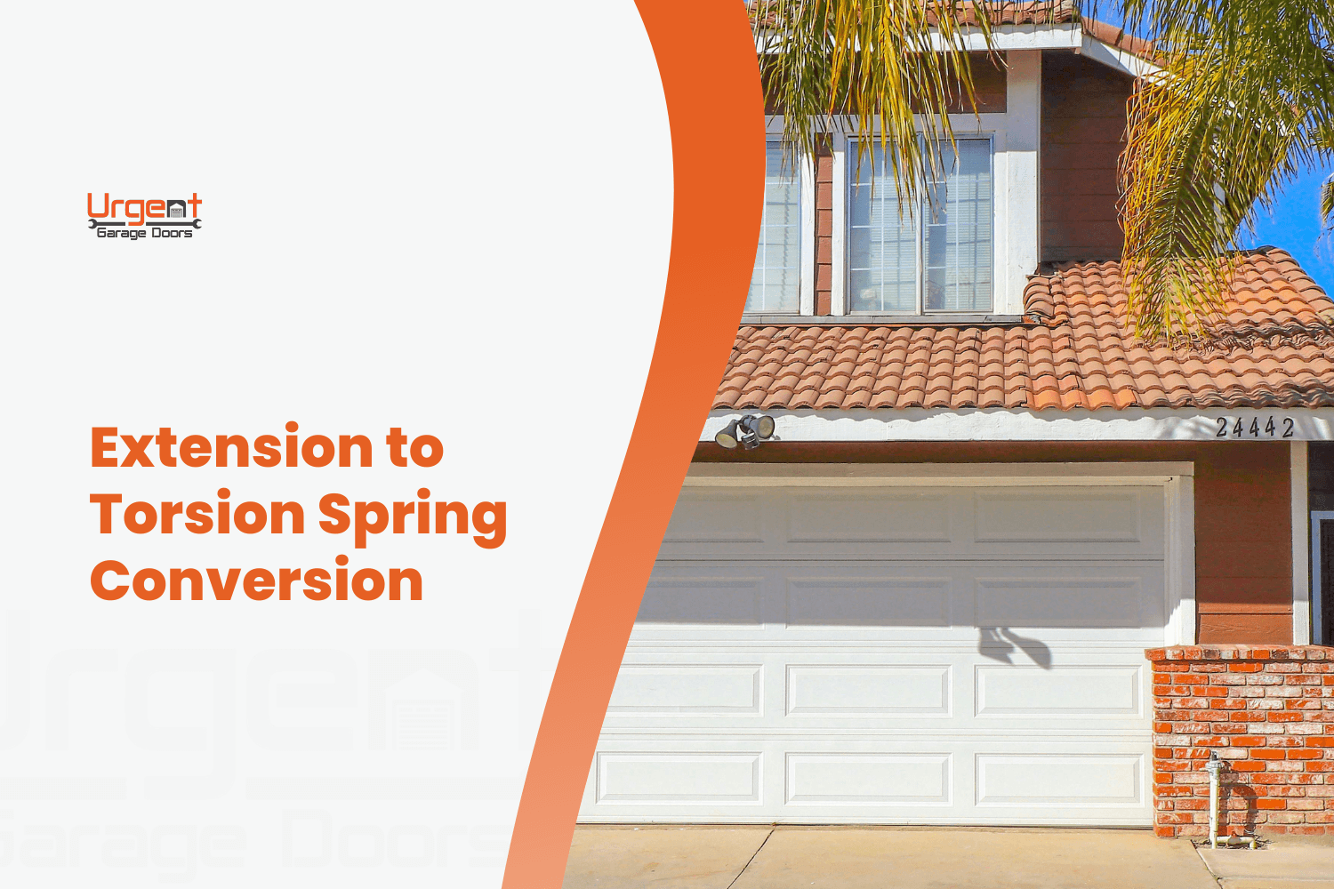White garage door on a two-story Portola Springs home with tiled roof showing extension to torsion spring conversion