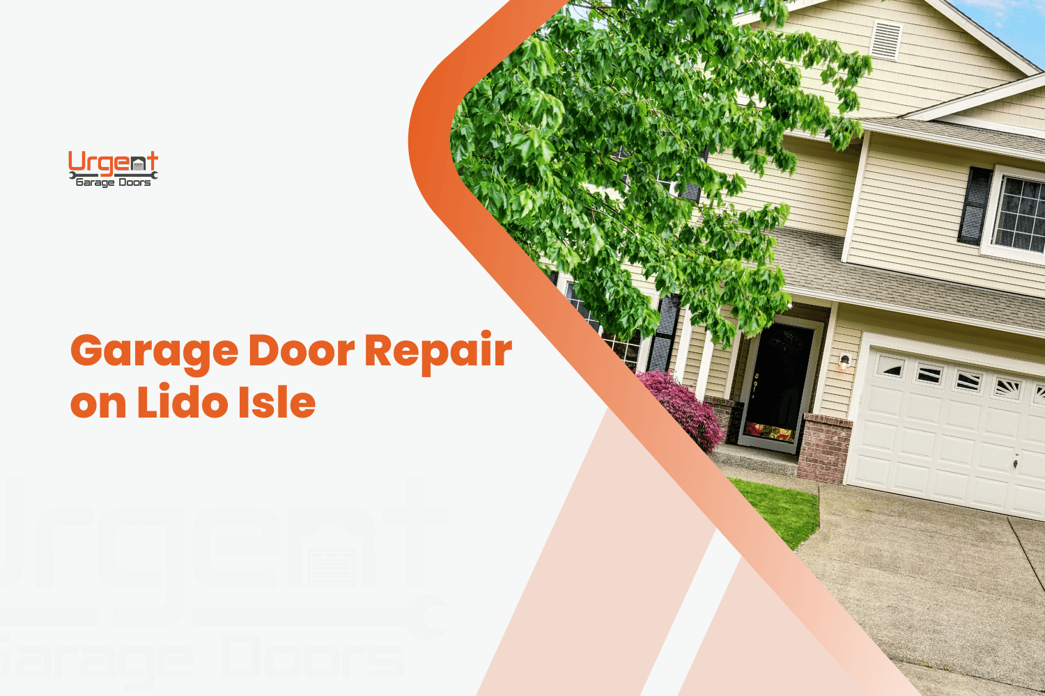 Urgent Garage Doors logo beside a suburban home with white garage door