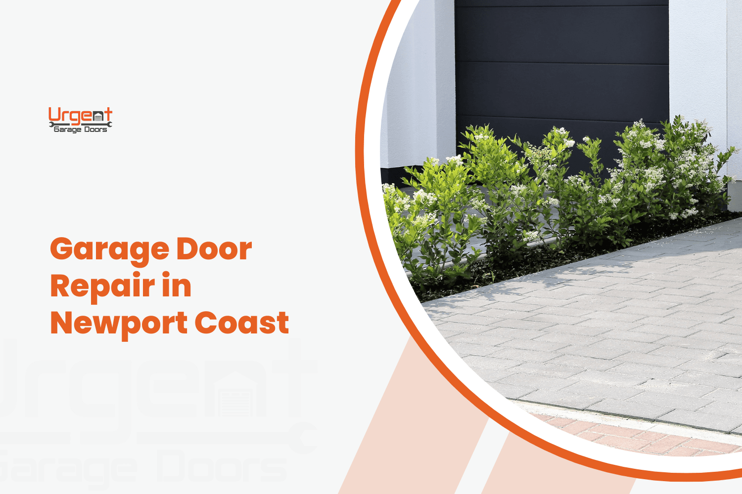 Modern black garage door with green shrubs and brick driveway in Newport Coast