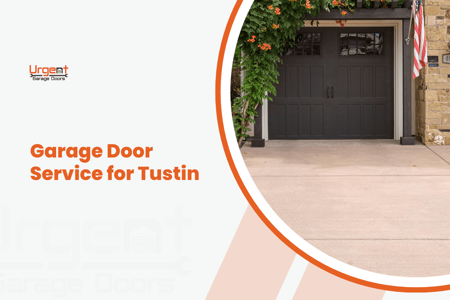 Dark brown carriage-style garage door on Tustin residential property with stone exterior