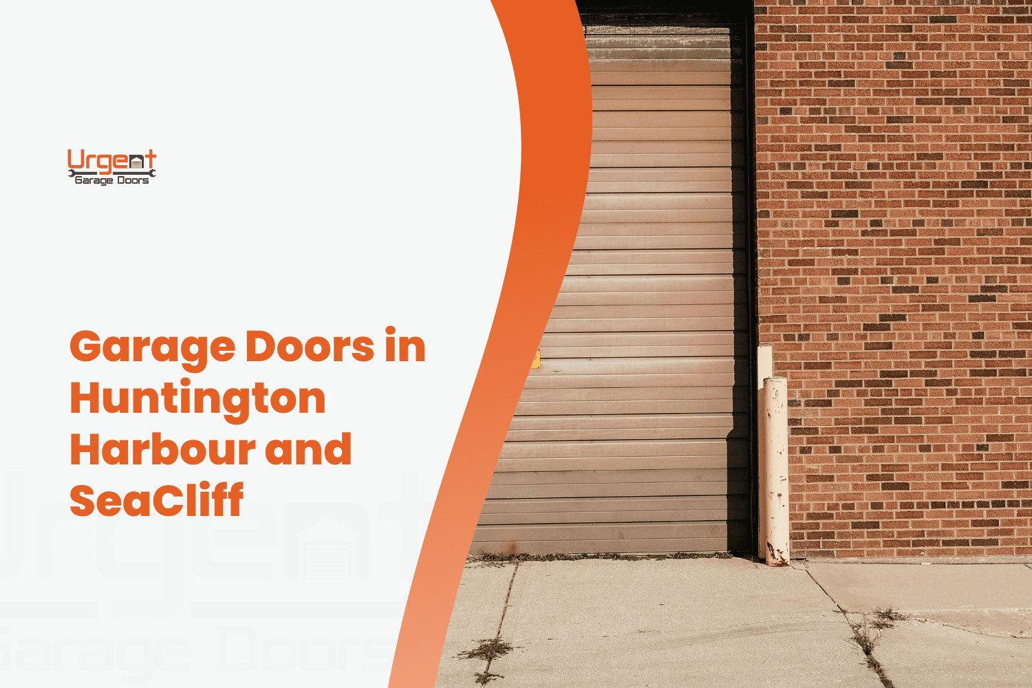 Urgent Garage Doors logo beside a roll-up garage door on brick building