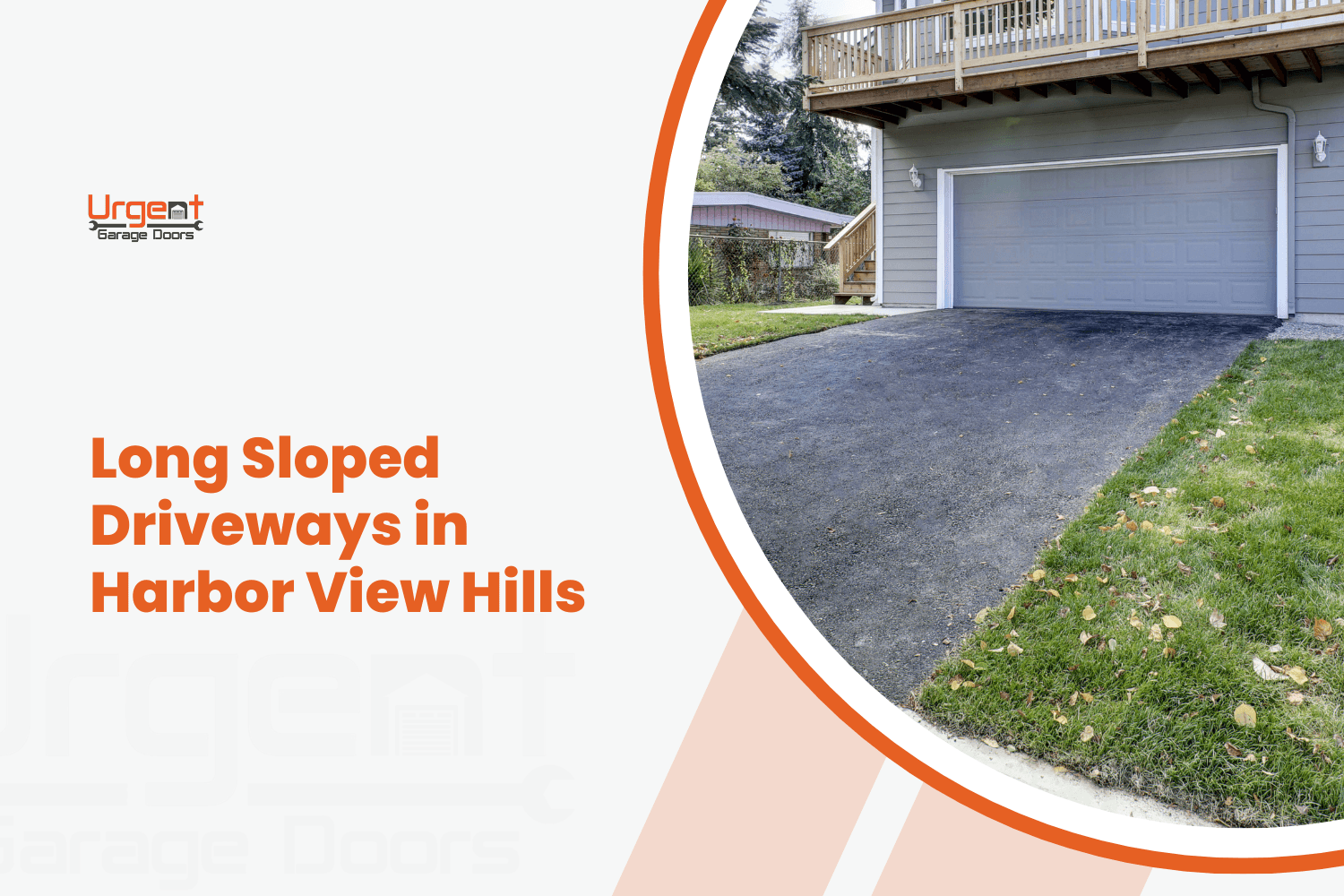 Long sloped asphalt driveway leading to gray garage door on graded property