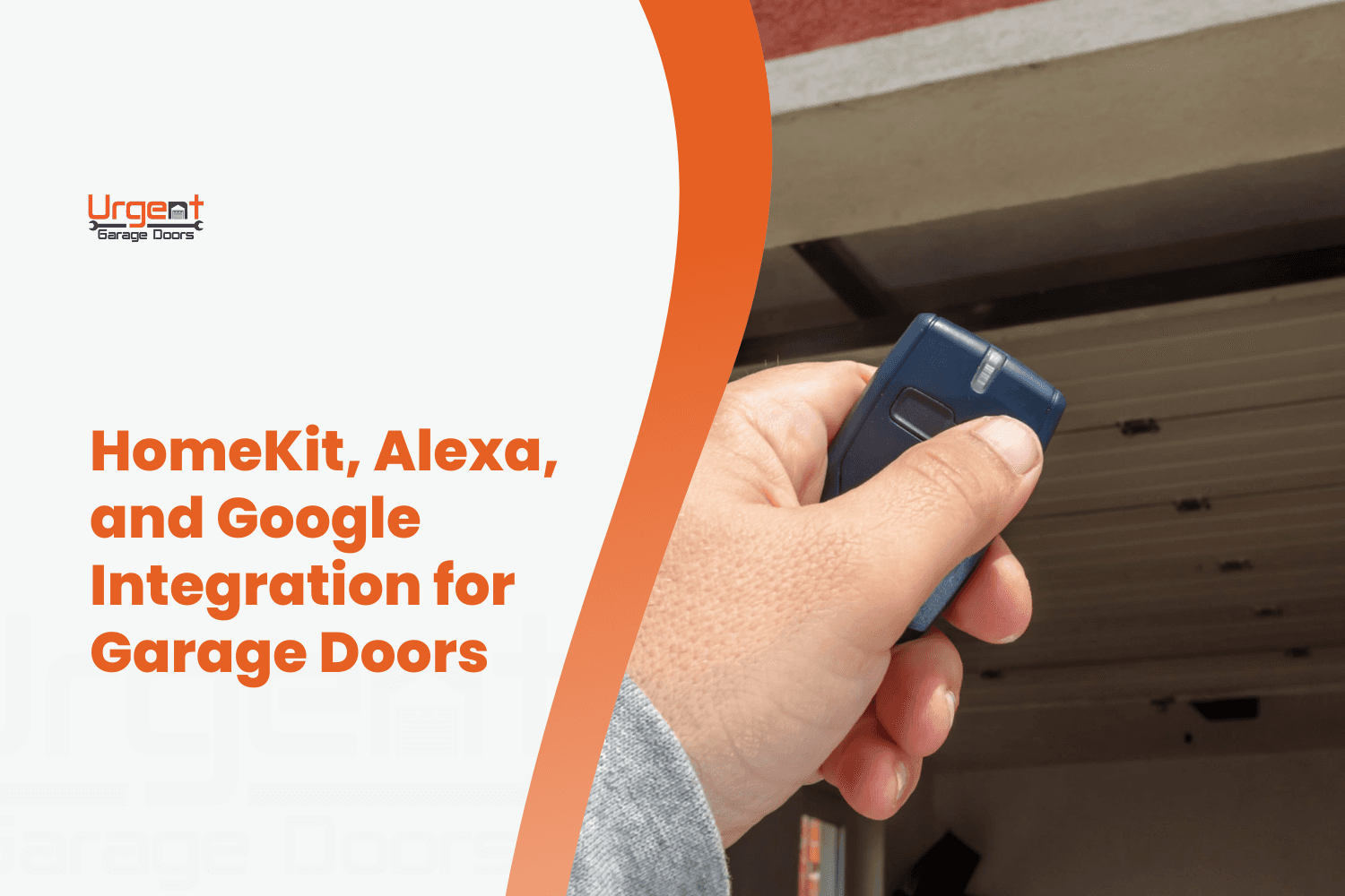 Hand holding blue garage door remote control pointed at opening garage door
