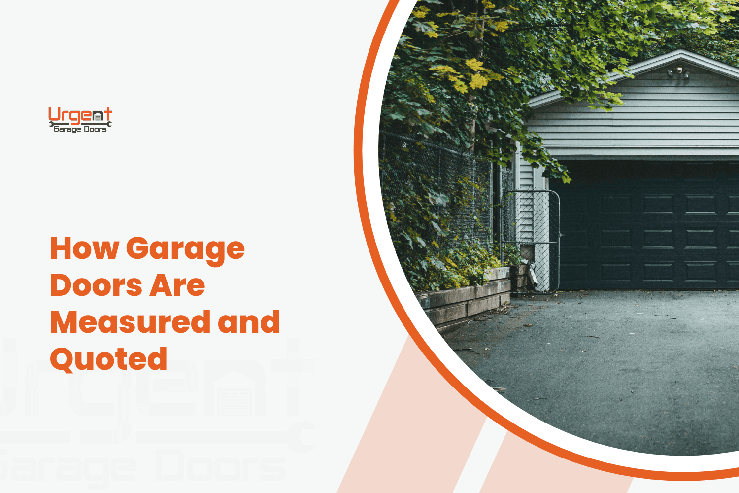 Dark double garage door on house surrounded by trees and chain-link fence