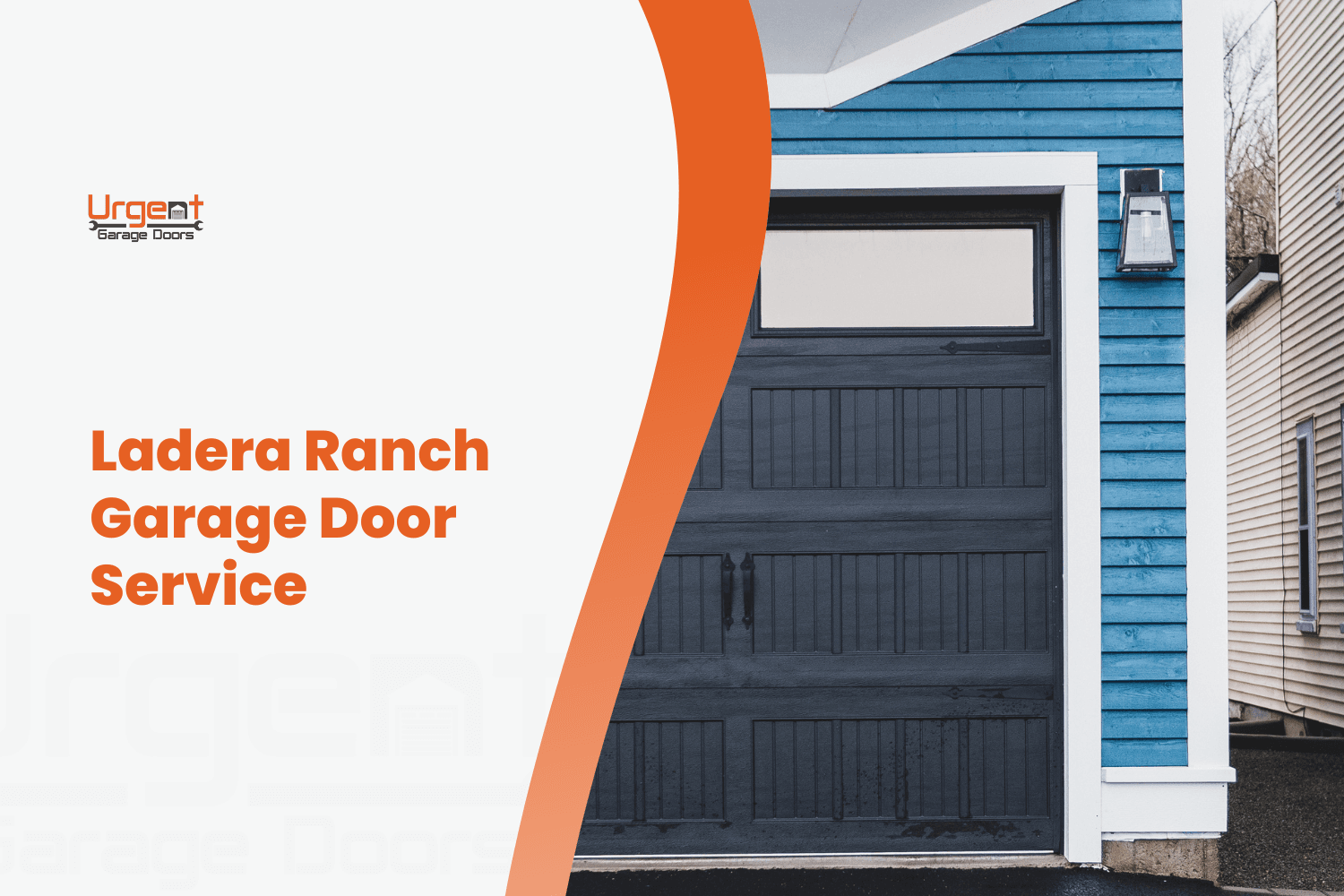 Dark wood garage door with glass panel on blue-sided Ladera Ranch home
