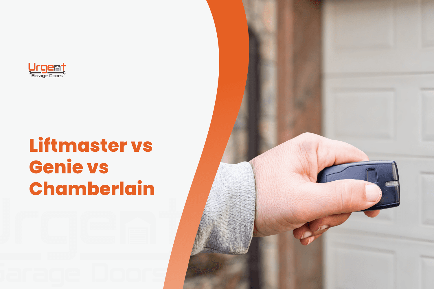 Hand holding garage door opener remote outside home, Liftmaster vs Genie vs Chamberlain comparison