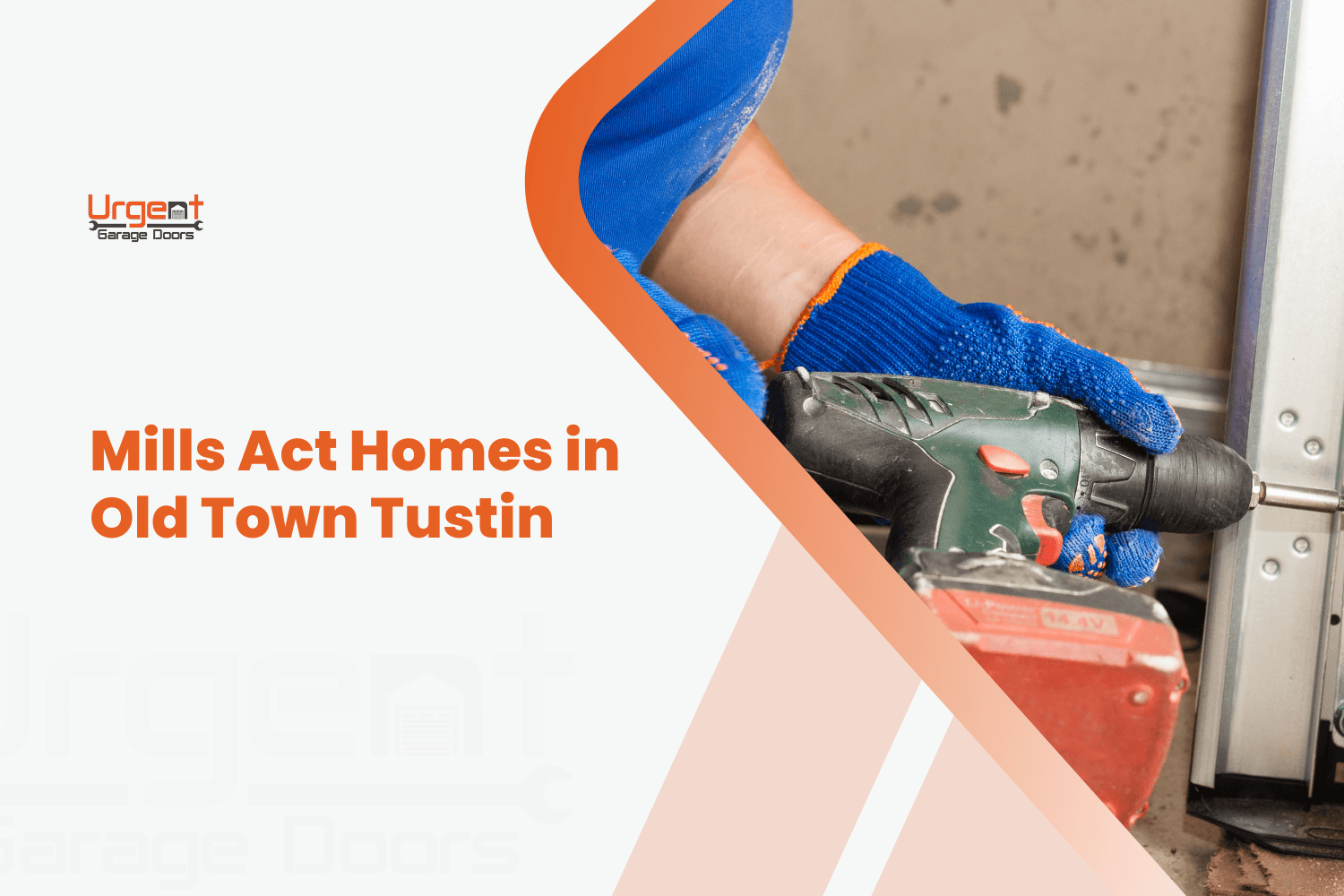 Garage door technician using power drill during Mills Act home maintenance in Tustin