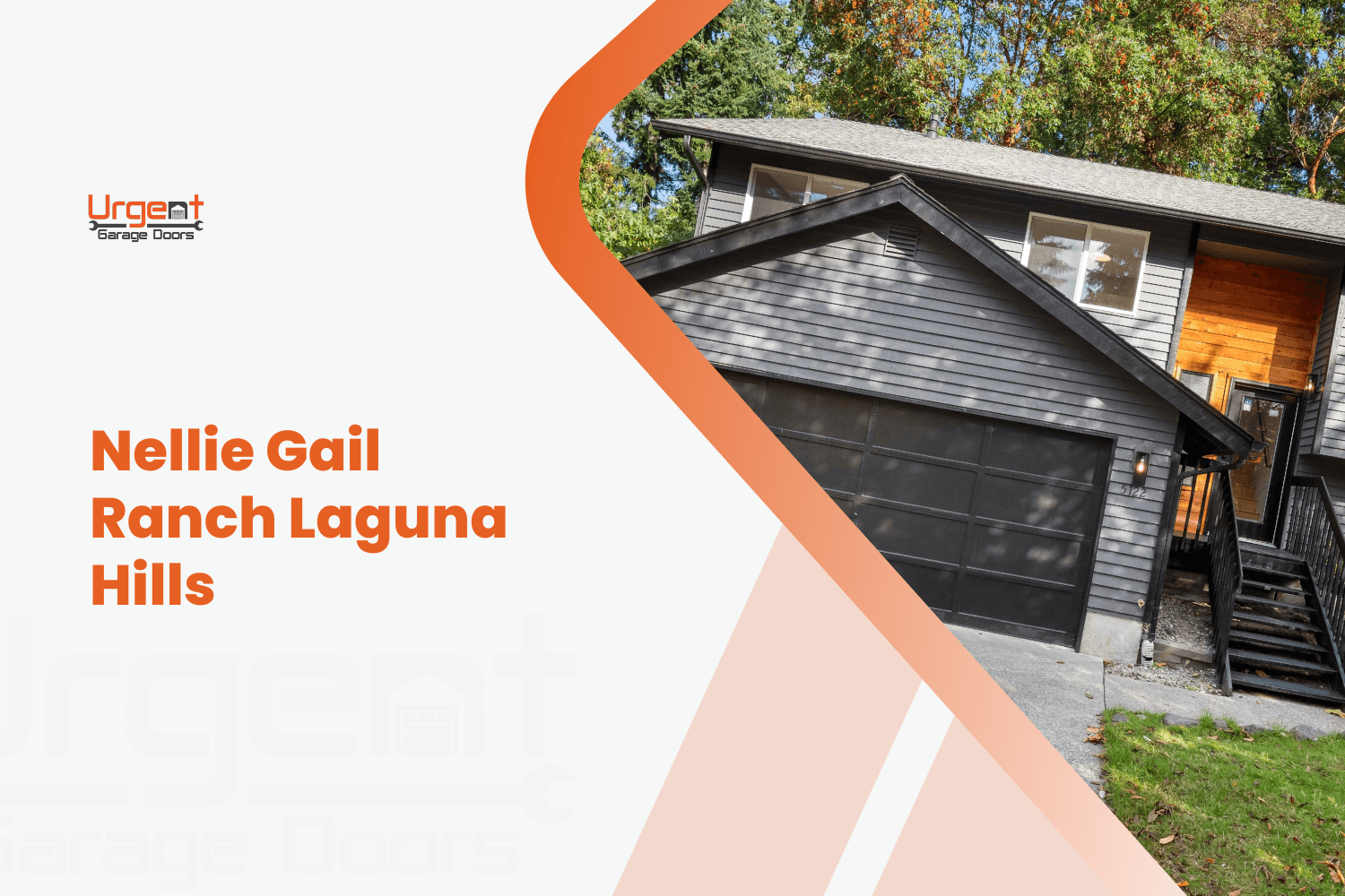 Urgent Garage Doors service banner featuring dark gray home with matching garage door