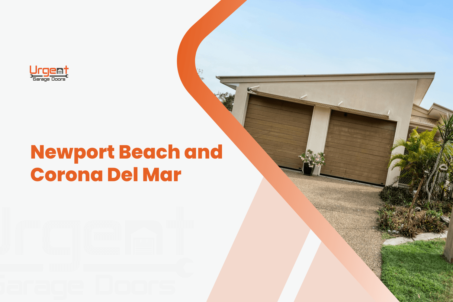 Custom wood panel garage doors on a beige Newport Beach ocean-front home exterior
