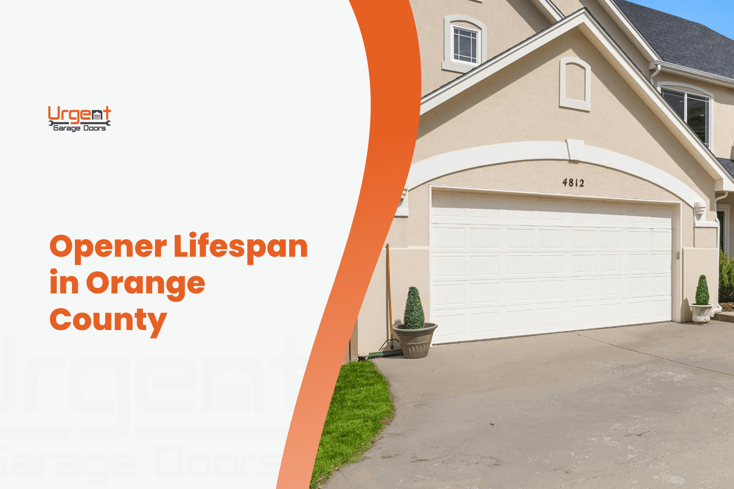 Urgent Garage Doors branded graphic showing suburban home with white double garage door
