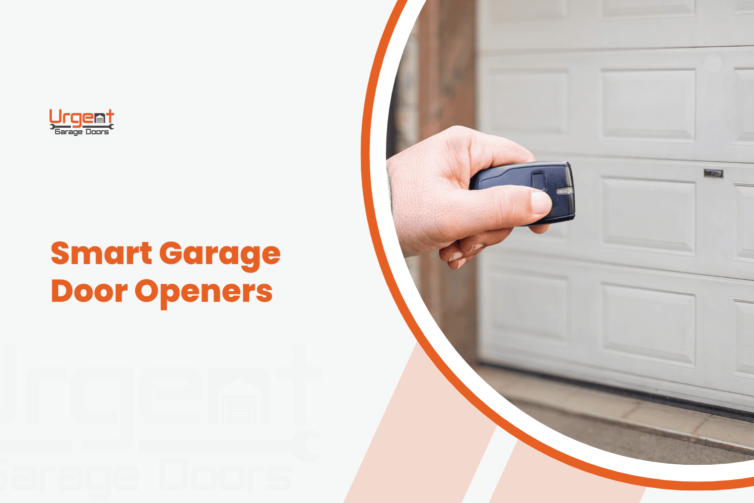 Hand holding garage door remote opener in front of white sectional garage door