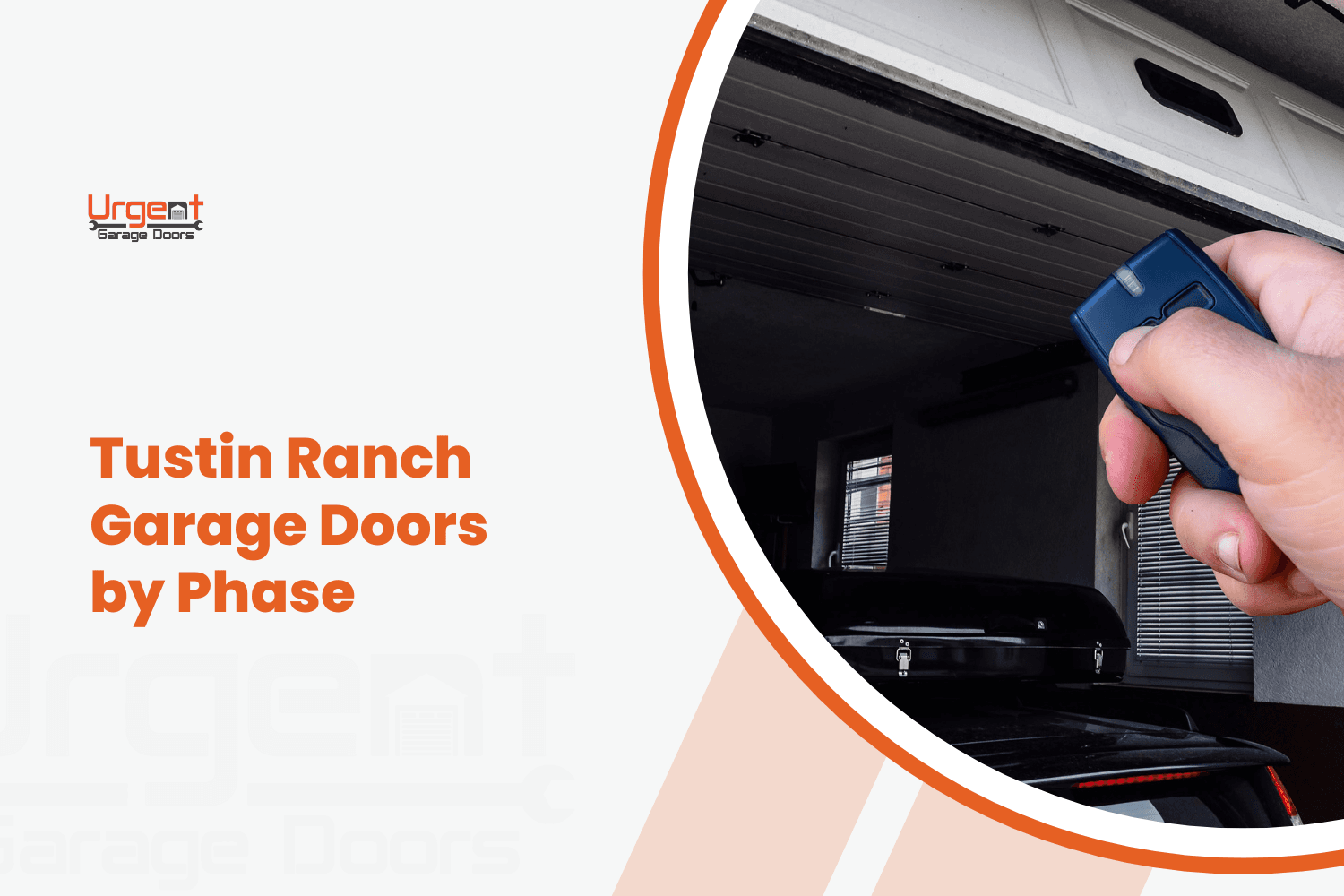 Hand holding blue garage door remote opener with garage door partially open