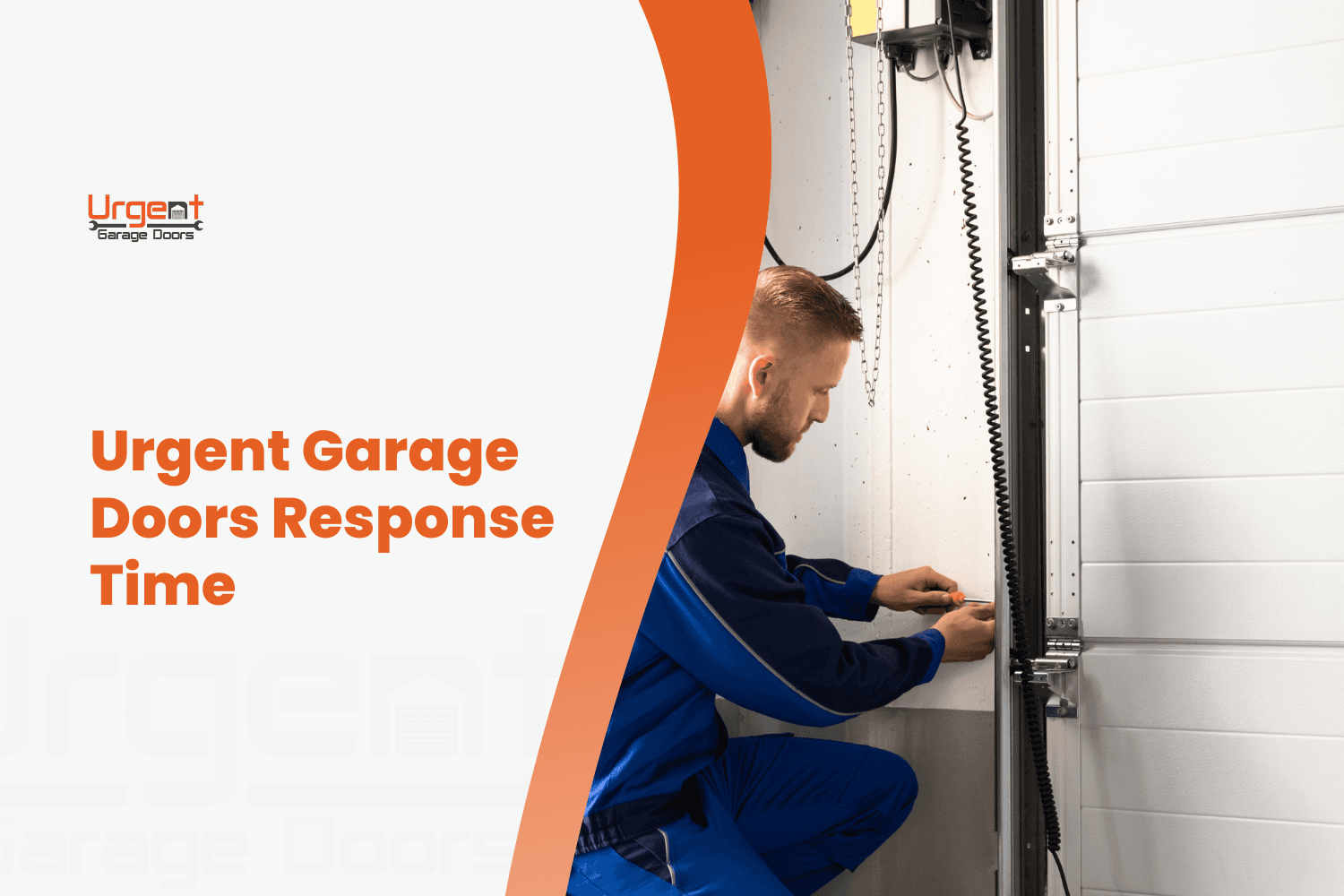 Technician in blue uniform repairing garage door mechanism during urgent service call