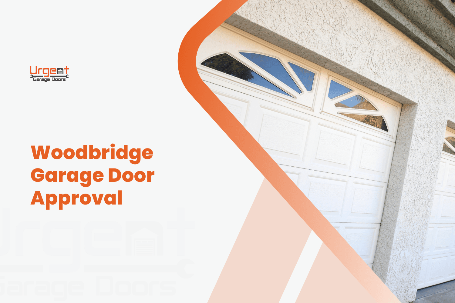 White sectional garage door with decorative windows on a stucco home in Woodbridge